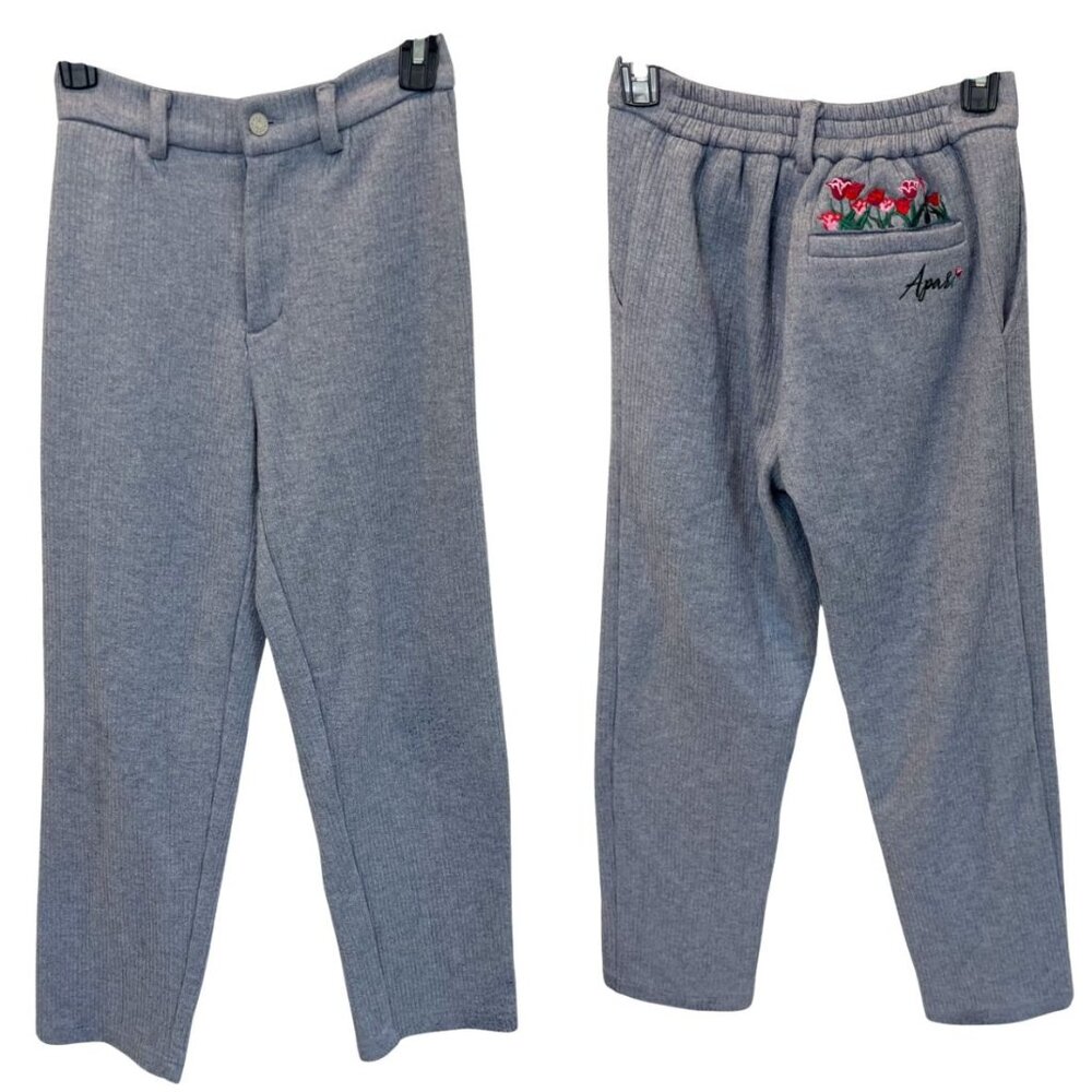 Apari Gray Ribbed Floral Embroidered High Rise Pants Heavyweight - Size XS